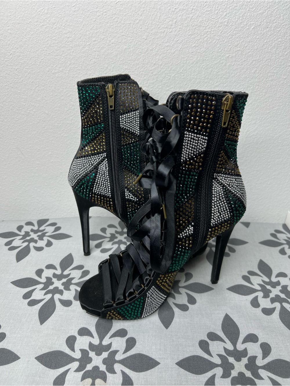 Steve Madden Embellished Black Lace-Up Stiletto Booties - Green & White Accent